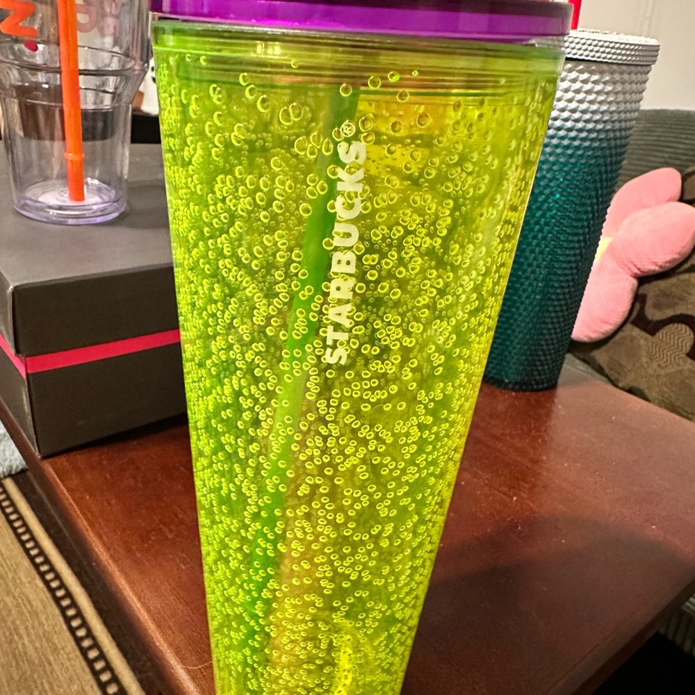 Starbucks Bright Green Tumbler with Purple Top